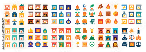 Home icons with fireplace candle chair colorful