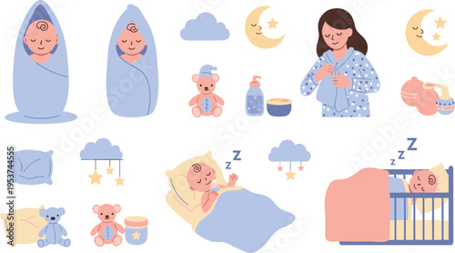 Baby Bedtime Routine Vector Set with Sleeping Infant Swaddling Feeding Mother Care Night Elements and Nursery Scenes for Parenting Illustration Design.