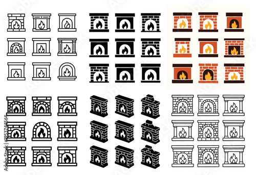 Home icons with fireplace brick hearth outline