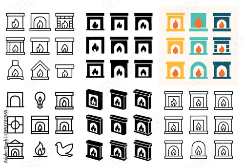 Home icons with fireplace and flame minimal outline