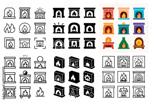Home icons with fireplace flame mantel colorful