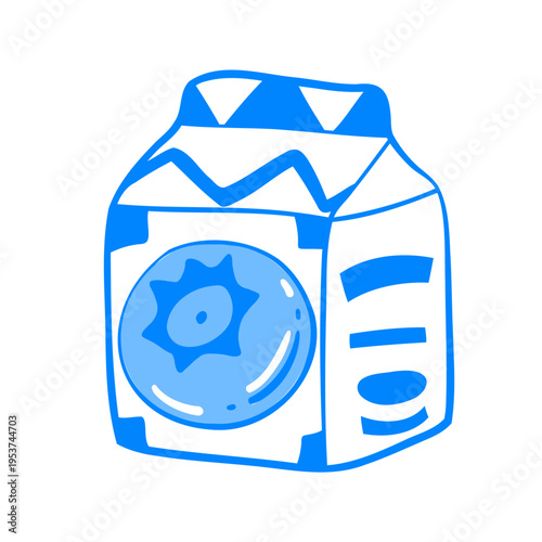 Linear drawing of a blueberry carton juice box. Mediterranean linear children's berry fruit drink vector clip art sticker for design