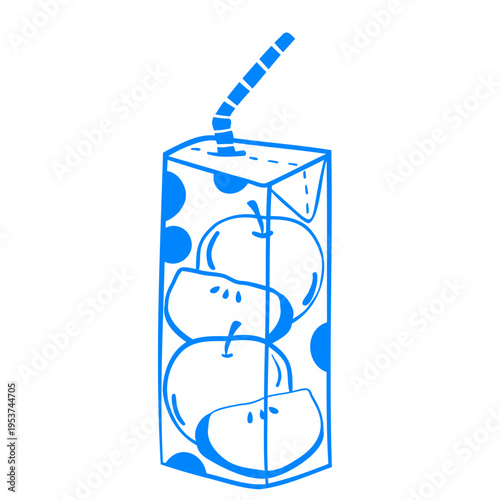 Linear drawing of an apple carton juice box with a straw. Mediterranean lineart children's fruit drink vector clip art sticker for design.