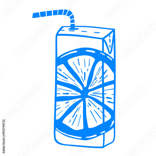 Line drawing of an orange citrus carton juice box with a straw. Mediterranean linear children's fruit drink vector clip art sticker for design.