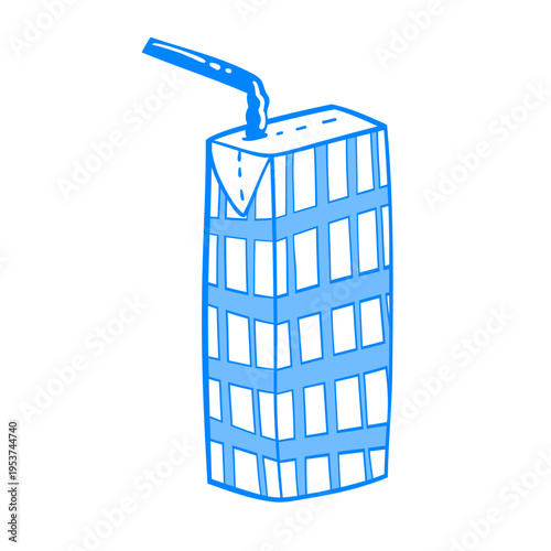 Linear drawing of a checkered carton juice box with a straw. Mediterranean linear children's fruit drink vector clip art sticker for design.