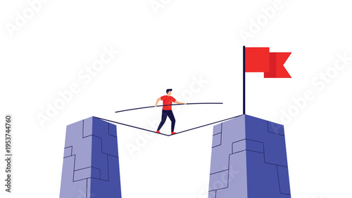 Courageous individual walking on a high tightrope between two stone pillars to reach a red flag representing risk and reward.