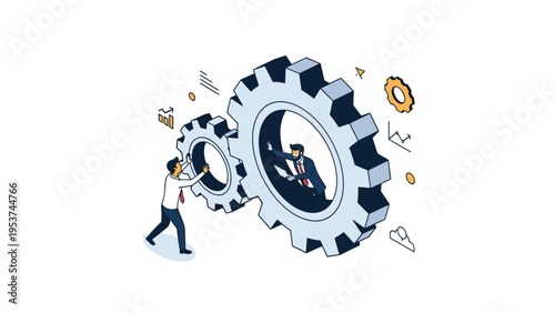 Collaborative team working together to operate large mechanical gears representing business processes and industrial efficiency.