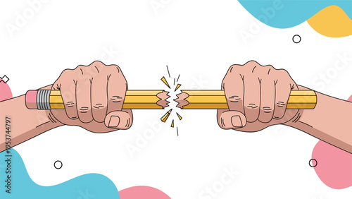 Human hands breaking a yellow pencil into two pieces illustrates feelings of extreme stress, frustration, anger, or sudden failure.