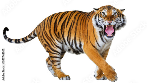 Foto Fierce Bengal tiger with an aggressive roar, mouth wide open displaying sharp fa