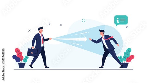 Two businessmen in suits face each other as one projects a beam of light shaped like an arrow towards the other professional.