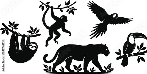 Professional Rainforest and Jungle Animal Silhouette Set Featuring Jaguar Monkey Sloth Parrot and Toucan for Tropical Wildlife and Nature Conservation Projects