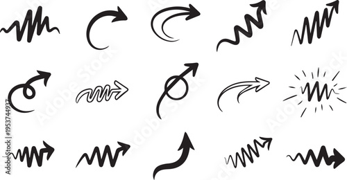 A collection of various black arrows and squiggles on a white background for design and illustration purposes