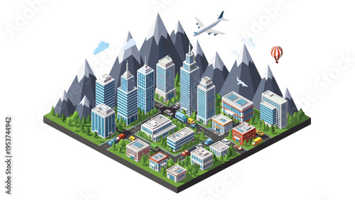 Detailed isometric view of a modern city with tall skyscrapers surrounded by mountains with airplanes and hot air balloons.