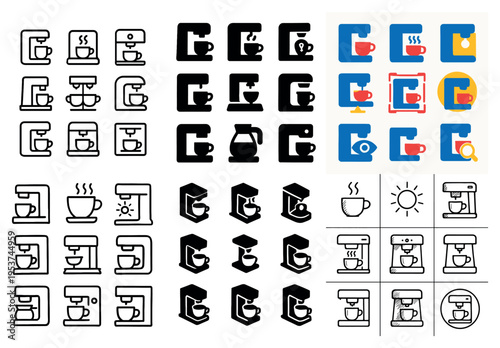 Coffee icons with machine cup flat