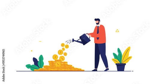 Bearded businessman in an orange shirt waters a growing pile of gold coins to symbolize wealth growth and financial investment.