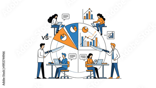 Group of diverse business people sit at desks around a large pie chart while two individuals cut into the sections with knives.