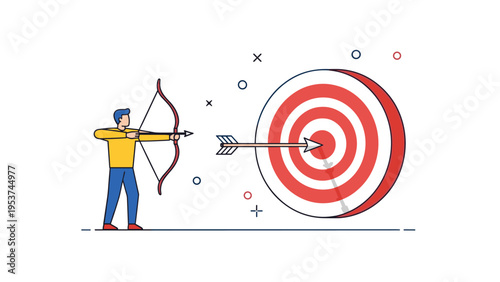Archer in a yellow shirt pulls back a bow to shoot an arrow into the center of a large red and white bullseye target board.