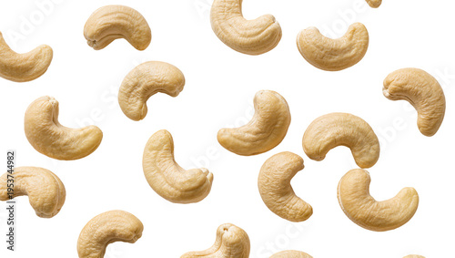 Foto Scattered raw cashew nuts, light beige and healthy, perfectly isolated PNG on tr