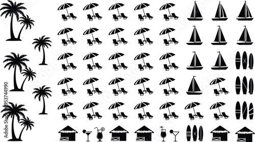 Black Summer Vacation Silhouette Icon Set Featuring Tropical Palm Trees, Beach Umbrellas, Sun Loungers, Sailboats, Surfboards, Exotic Tiki Huts, and Refreshing Tropical Cocktails for Travel Design.