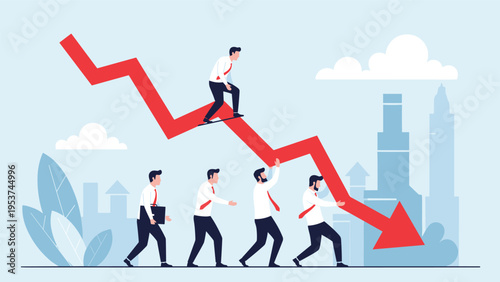 Group of businessmen try to support and push up a falling red line graph to prevent a financial crisis or market crash.