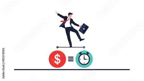 Businessman in a suit balances carefully on a thin line above a dollar coin and a stopwatch representing a work life balance.