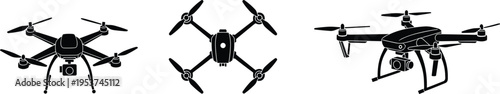 Drone quadcopter vector silhouette set featuring aerial camera technology for professional videography photography surveillance and remote control aircraft flight equipment on white background