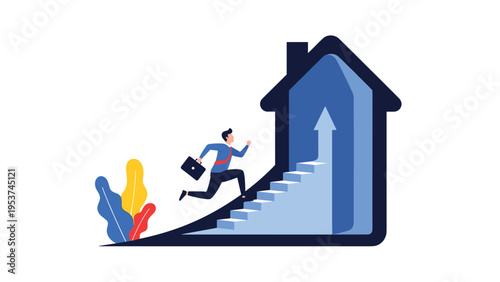 Successful professional runs up a set of stairs located inside a large blue house icon with an upward pointing growth arrow.
