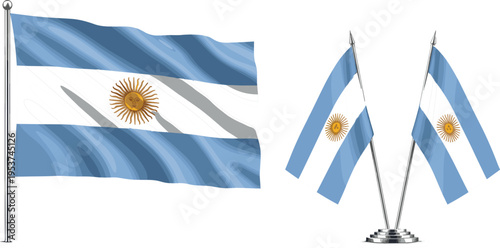 Argentina National Flag Vector Set Featuring Waving Flag On Pole And Small Desk Flags Isolated On White, 17 words.
