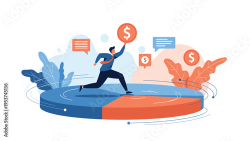 Businessman runs on a rotating pie chart while holding a giant gold dollar coin symbolizing market share and profit growth.