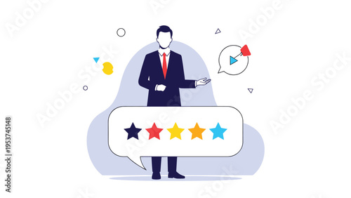 Professional businessman stands behind a large speech bubble containing a five star rating representing excellent service.