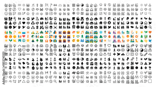 Interface icons with people house heart colorful