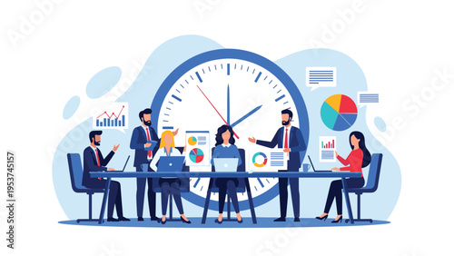 Business team holds a productive meeting at a long table in front of a giant clock illustrating efficient time management.