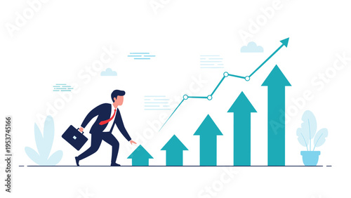 Businessman in a suit runs quickly alongside a series of rising blue arrows representing rapid corporate growth and progress.