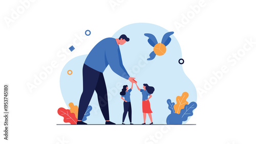 Large man in a blue shirt reaches down to give a high five to two smaller women representing mentorship and support.