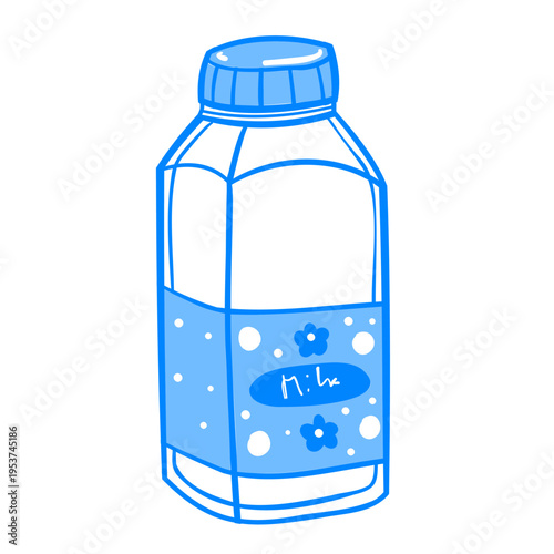 Linear drawing of a milk bottle with a cheerful label. Mediterranean linear drink vector clip art sticker for design.