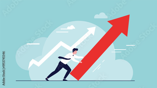 Determined businessman putting effort into pushing a giant red arrow upward to achieve significant business growth and market success.