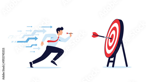 Motivated businessman sprinting with a dart toward a target board to illustrate the pursuit of specific goals and corporate success.