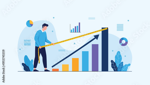 Professional individual measuring the height of a rising bar chart with a yellow tape measure to track financial growth and success.