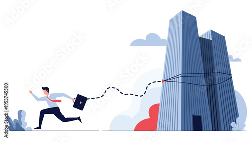 Ambitious businessman sprinting with a briefcase toward a target on a massive skyscraper to achieve his corporate goals.