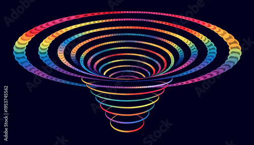 A vibrant, colorful vector graphic illustration of a swirling rainbow funnel on a dark background