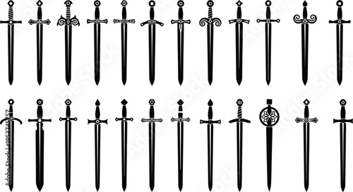 Set of twenty four medieval sword silhouette vector illustrations with diverse hilt designs, ancient weapon icons for gaming, heraldry, knightly combat, and historical graphic design.