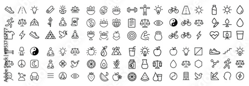 Health icons with apple bicycle dumbbell outline