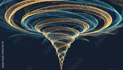 A vibrant vector graphic illustration of a swirling tornado with glowing lines on a dark background