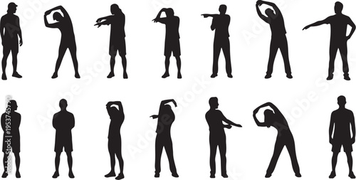 Silhouettes of people stretching and exercising outdoors