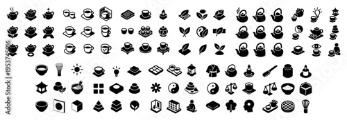 Tea icons with cup leaf teapot minimal