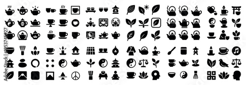 Tea wellness icons with teapot leaf cup calm