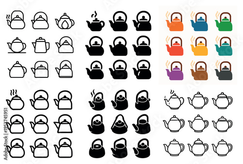 Teapot icons with kettle and steam minimal