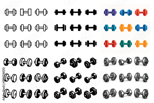Fitness icons with dumbbell barbell minimal