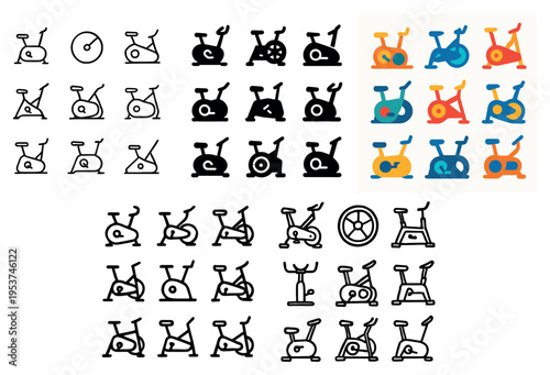 Fitness icons with exercise bike and wheel minimal