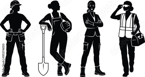 Professional Construction and Engineering Team Silhouette Set Featuring Male and Female Workers Architects and Site Supervisors with Blueprints and Tools for Industry Projects